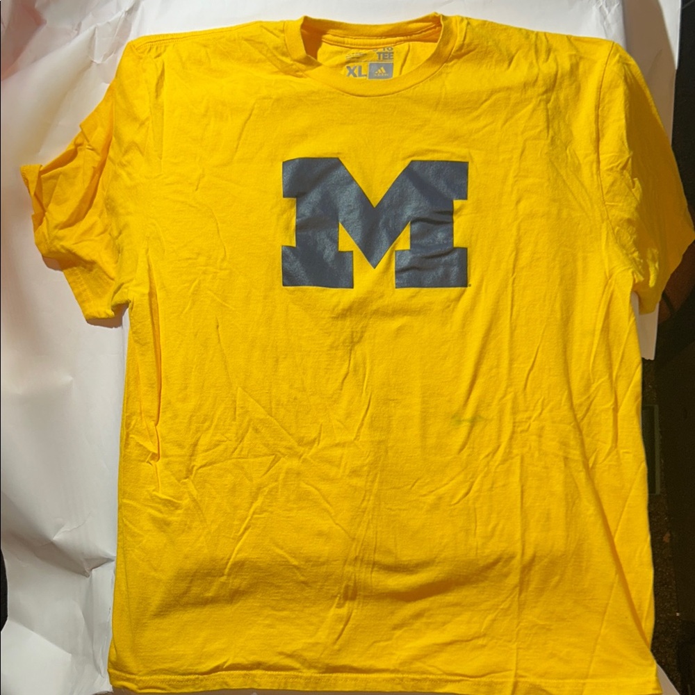 Michigan University Yellow Shirt Blue M Logo w/ Minor Stain (Front)
